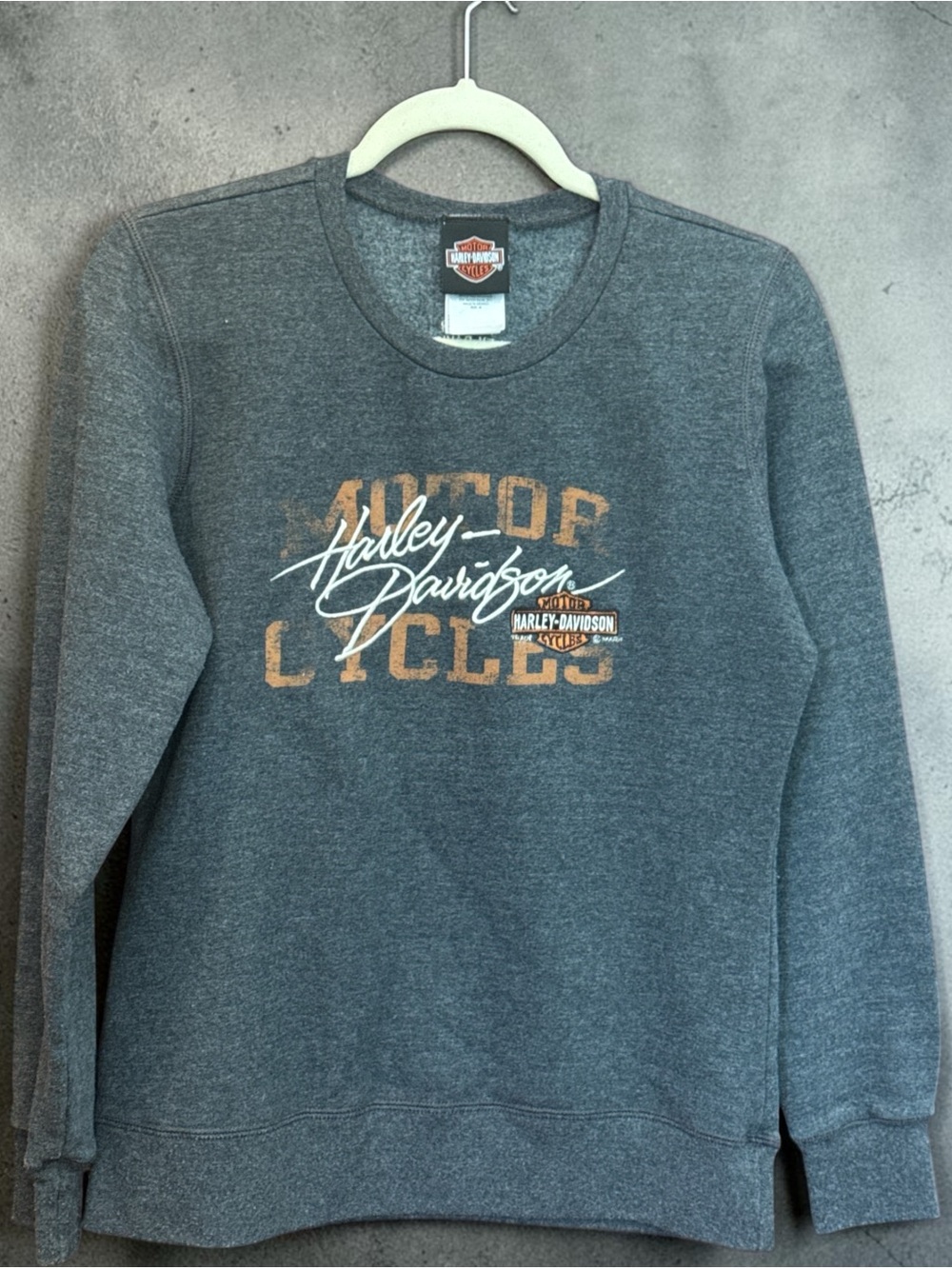 Harley-Davidson Gray Crewneck Sweatshirt with Distressed Orange Logo